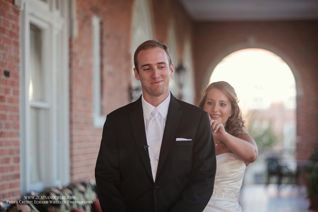 First Look - Bride taps groom on shoulder First Look - Bride taps groom on shoulder