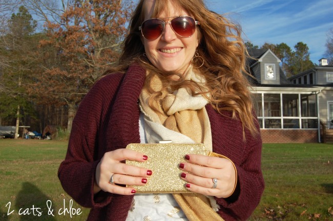 2 cats & chloe: glitter scarf and wallet, red sweater
